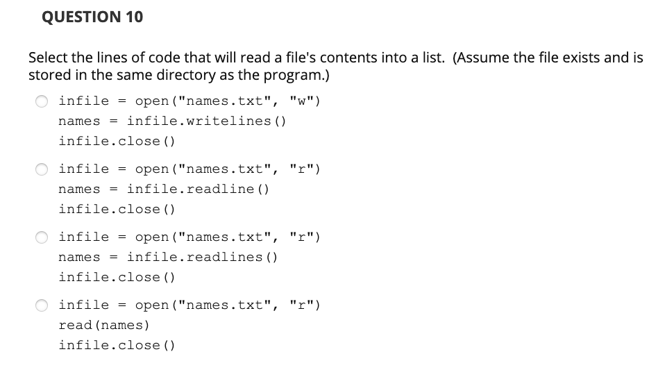 Solved QUESTION 10 Select the lines of code that will read a | Chegg.com