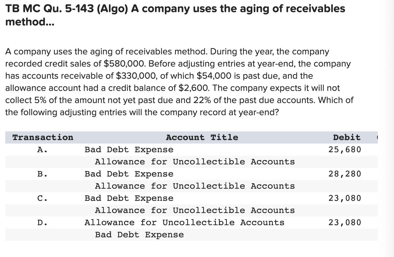 Solved TB MC Qu. 5-143 (Algo) A company uses the aging of | Chegg.com