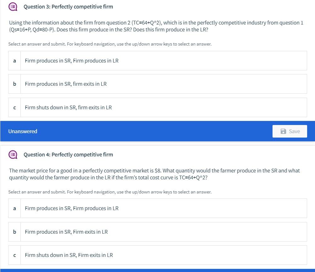 Solved Question 3: Perfectly competitive firm Using the | Chegg.com