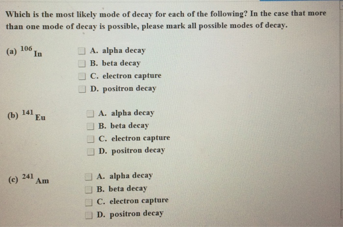 Solved Which is the most likely mode of decay for each of | Chegg.com