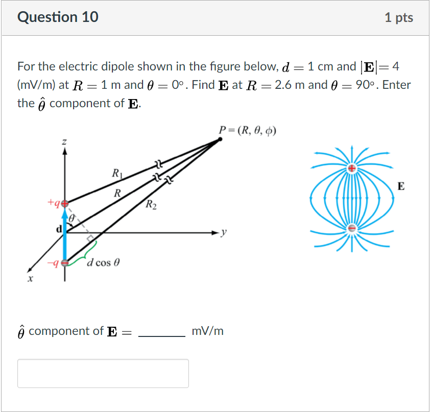 Solved Question 10 1 pts For the electric dipole shown in | Chegg.com