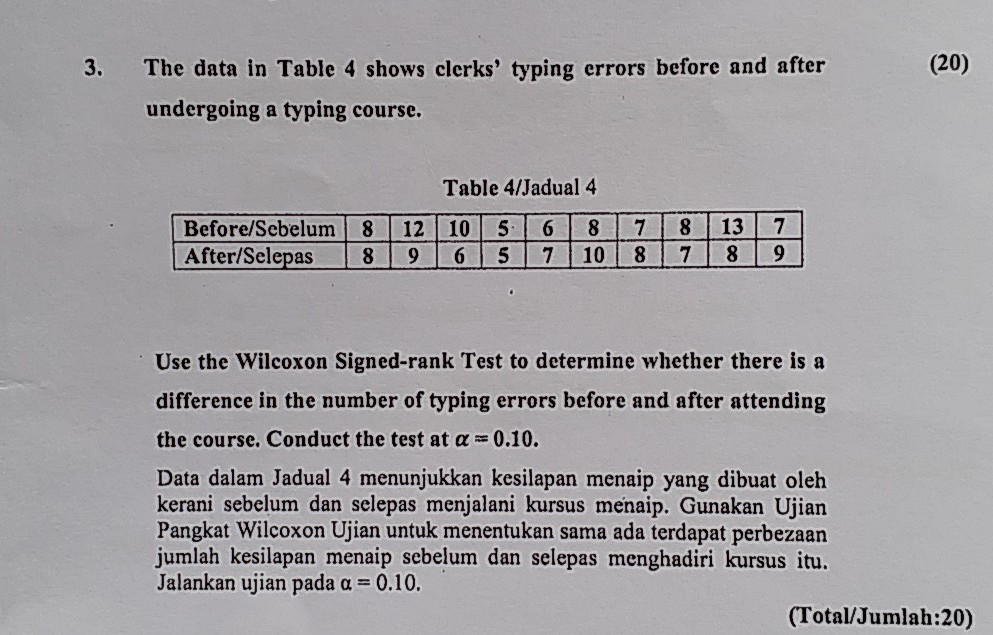 Solved 3. (20) The data in Table 4 shows clerks' typing | Chegg.com