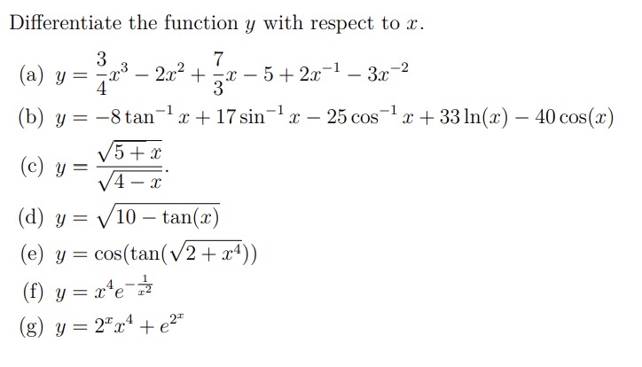 Differentiate the function \( y \) with respect to \( x \). (a) \( y=\frac{3}{4} x^{3}-2 x^{2}+\frac{7}{3} x-5+2 x^{-1}-3 x^{