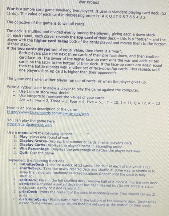 Solved War Project War is a simple card game involving two | Chegg.com