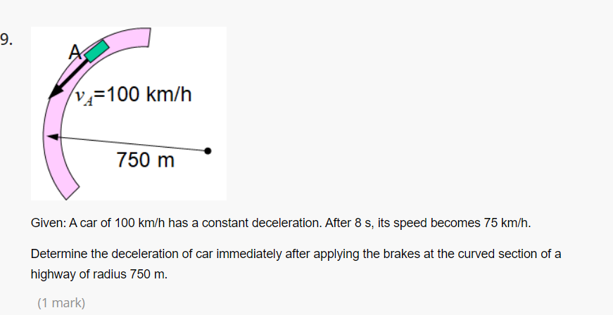 Solved 9. (14=100 km/h 750 m Given: A car of 100 km/h has a | Chegg.com