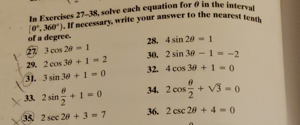Solved In Exercises 27-38, solve each equation for θ in the | Chegg.com