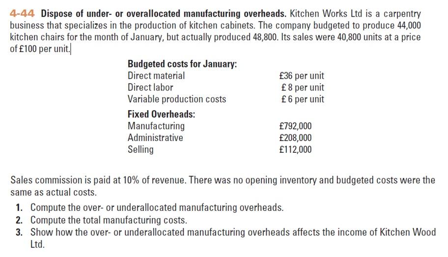 Solved 4-44 Dispose of under- or overallocated manufacturing | Chegg.com