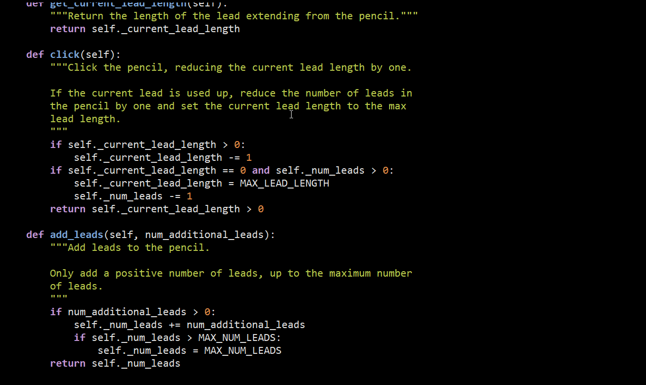 Solved MAX_LEAD_LENGTH = 10 MAX_NUM_LEADS = 5 class Pencil: | Chegg.com