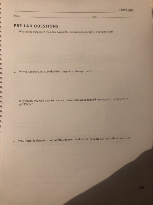 Solved Beer's Law Name Date PRELAB QUESTIONS 1. What is the