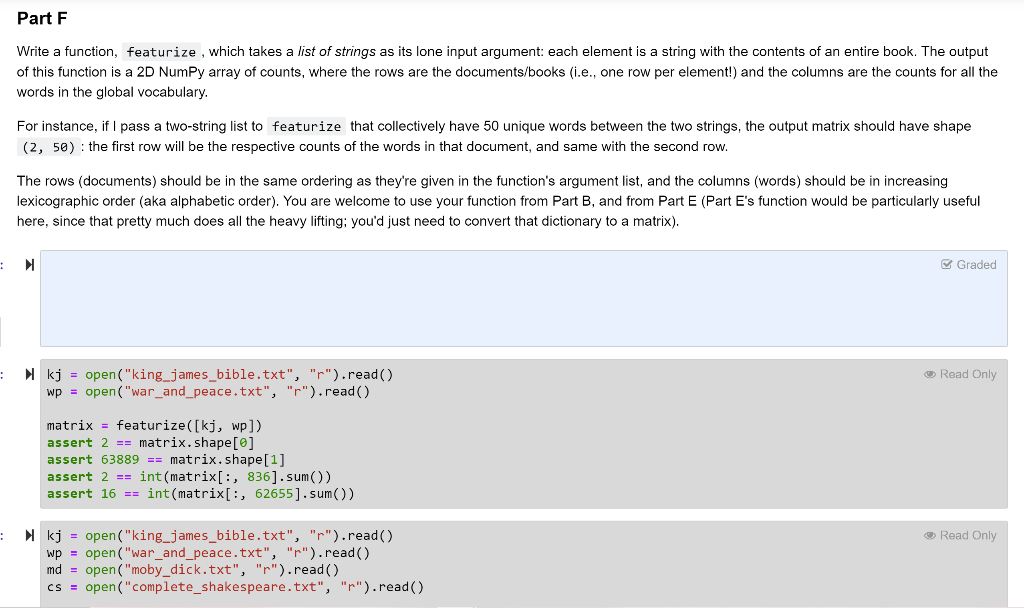 Part F Write a function featurize which takes a Chegg