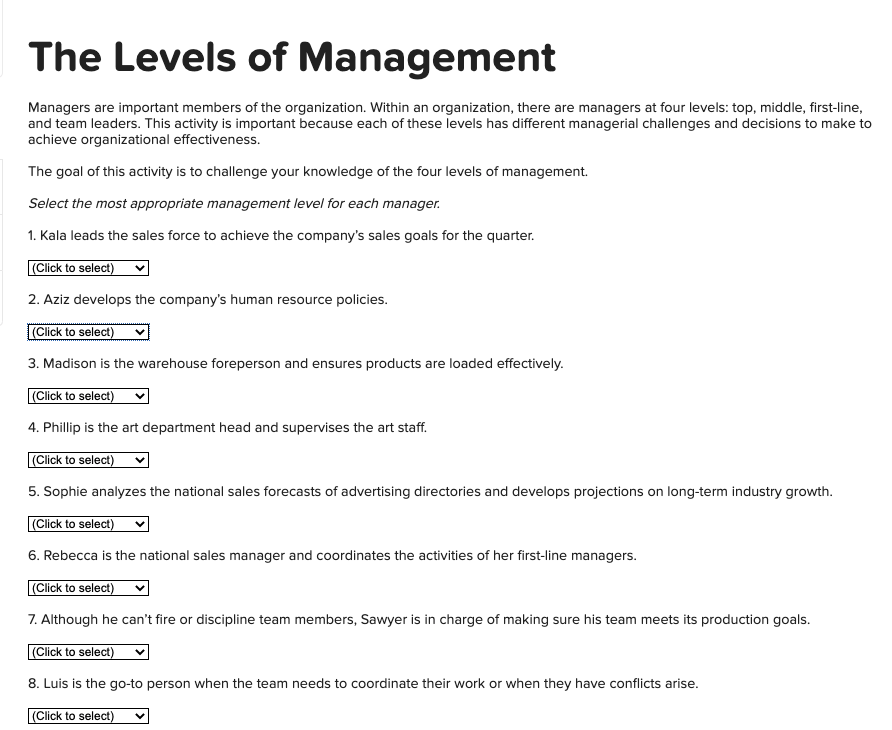Solved management question 1-8 either they are (top manager, | Chegg.com