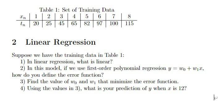 Table 1: Set of Training Data 2 Linear Regression | Chegg.com