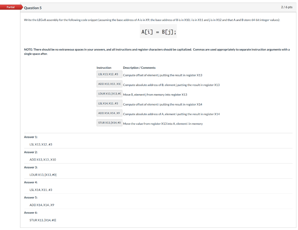 Partial Question 5 2/6 Pts Write The LEGv8 Assembly | Chegg.com