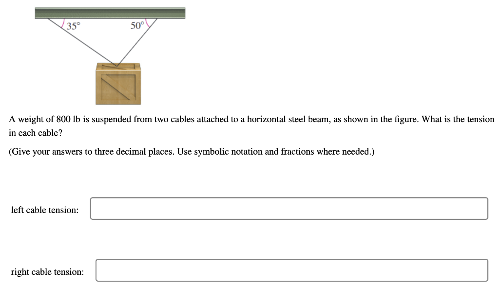 Solved A weight of 800lb is suspended from two cables