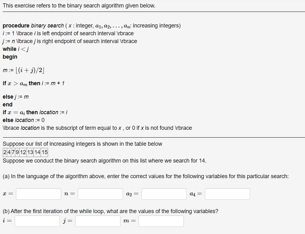 This exercise refers to the binary search algorithm | Chegg.com image.