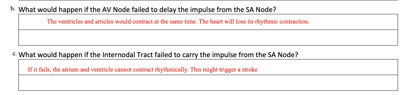 b. What would happen if the AV Node failed to delay the impulse from the SA Node? The ventricles and articles would contract