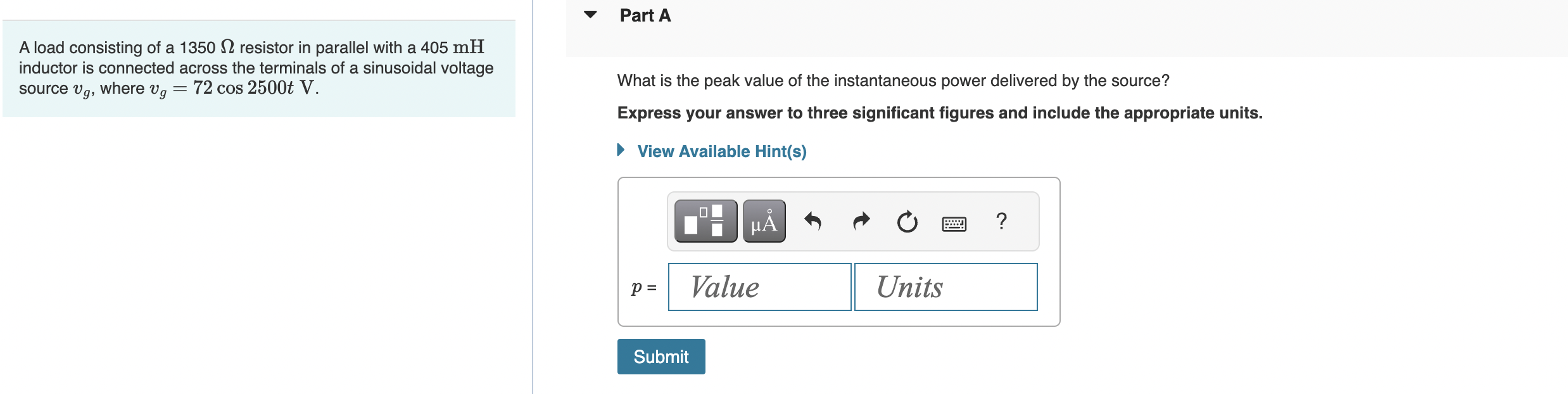 Part A\\nA load consisting of a 1350\\\\Omega | Chegg.com