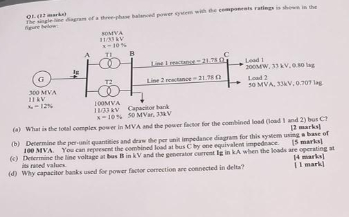 Solved The single-line diagram of a three-phase balanced | Chegg.com