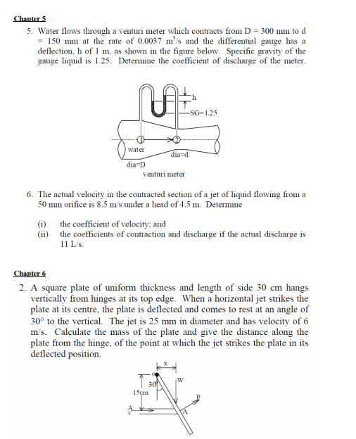 Solved Chapter 5 5. Water flows through a venturi meter | Chegg.com