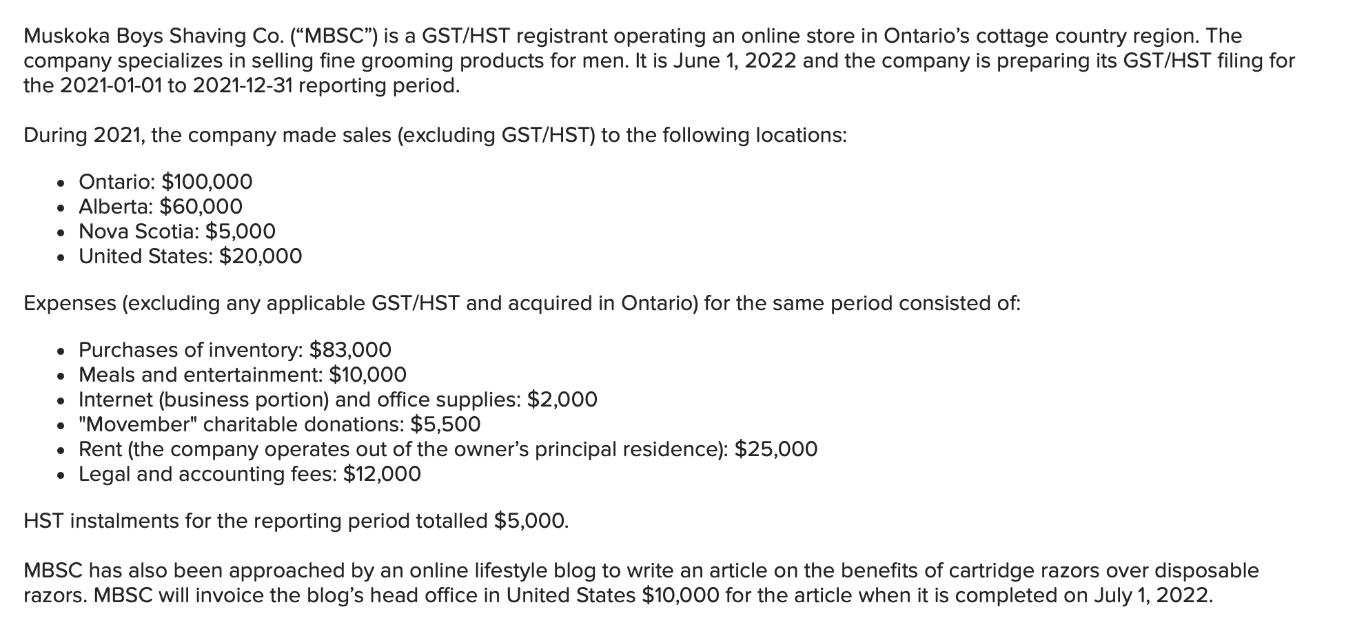 Solved Muskoka Boys Shaving Co. (“MBSC”) is a GST/HST