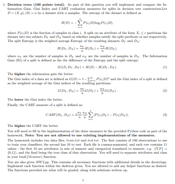Solved 1. Decision trees (100 points total). As part of this | Chegg.com