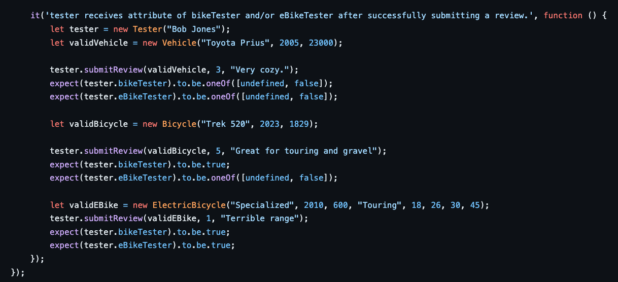 it(tester receives attribute of bikeTester and/or eBikeTester after successfully submitting a review., function () \{
let t