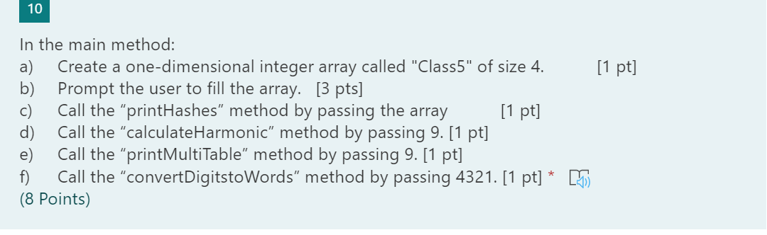 Solved 10 [1 pt] In the main method: a) Create a | Chegg.com