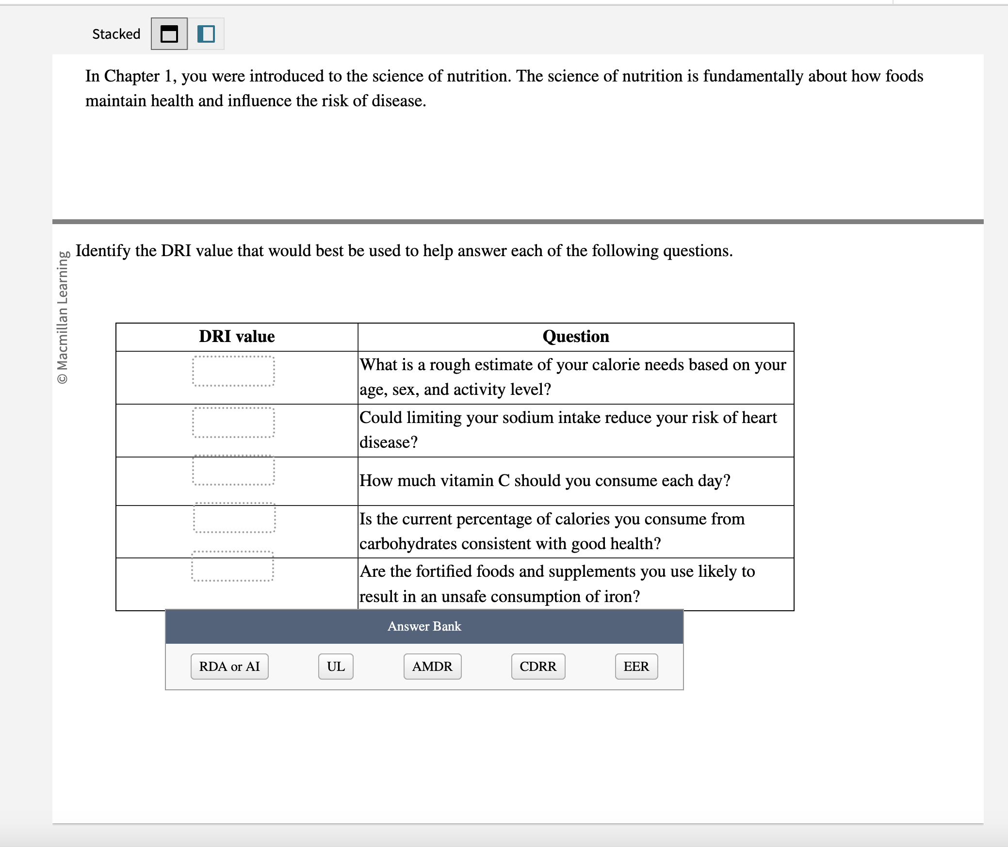 Solved The Dietary Reference Intake (DRI) values have been