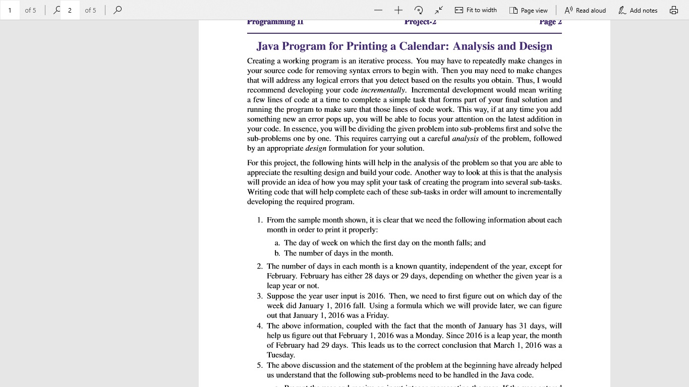 CB Page view A of 5 1. Add notes -- Fit to width of 5 Read aloud Page 2 Programming I Project-2 Java Program for Printing a C