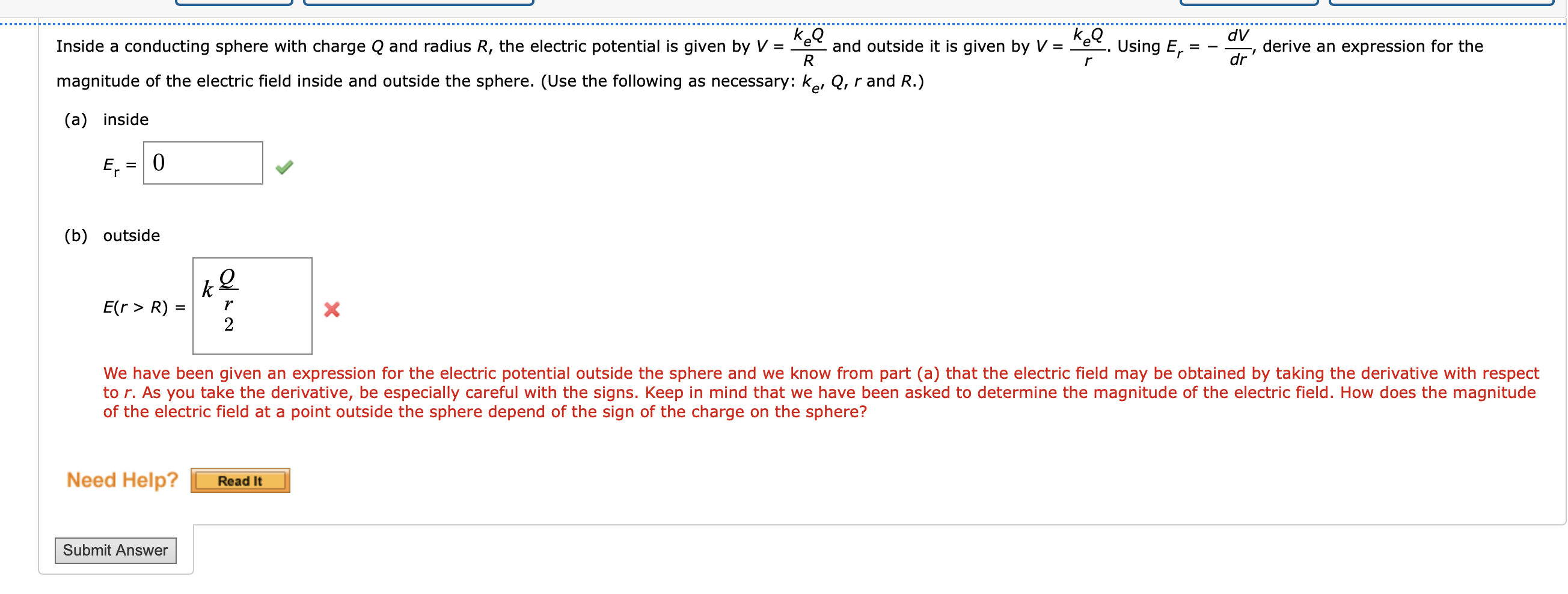 Solved kel Inside a conducting sphere with charge Q and | Chegg.com