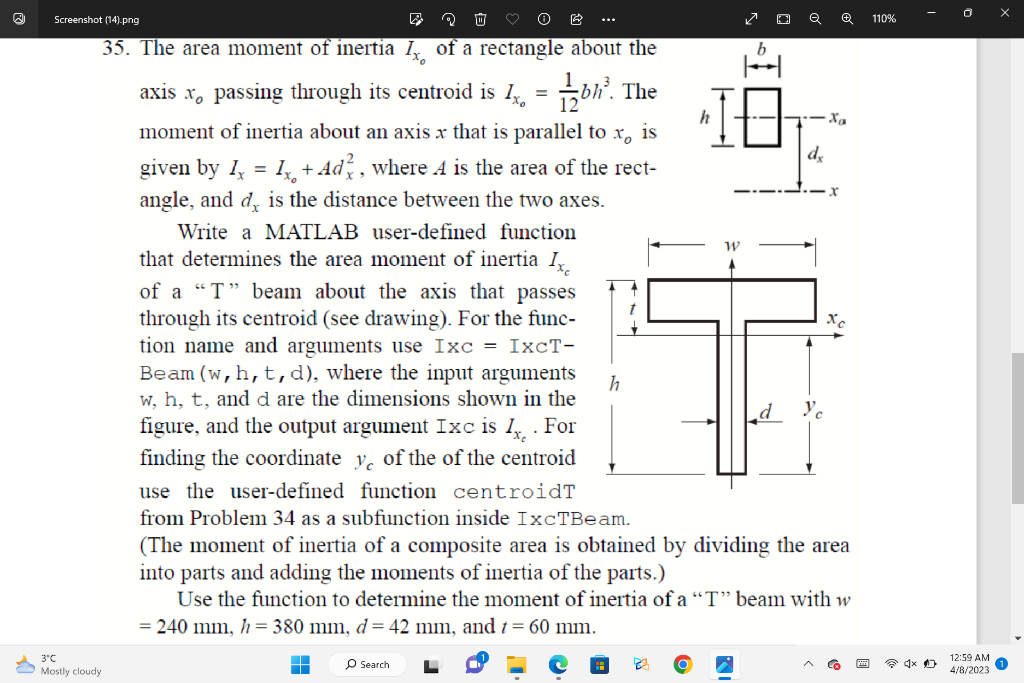 35. The area moment of inertia \( I_{x_{0}} \) of a rectangle about the axis \( x_{o} \) passing through its centroid is \( I
