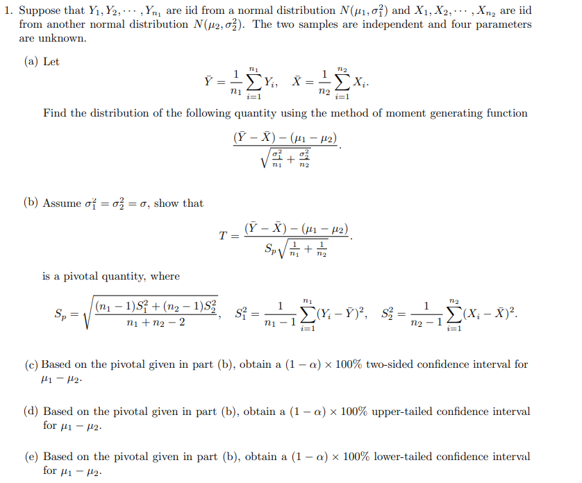Suppose that Y1,Y2,⋯,Yn1 are iid from a normal | Chegg.com