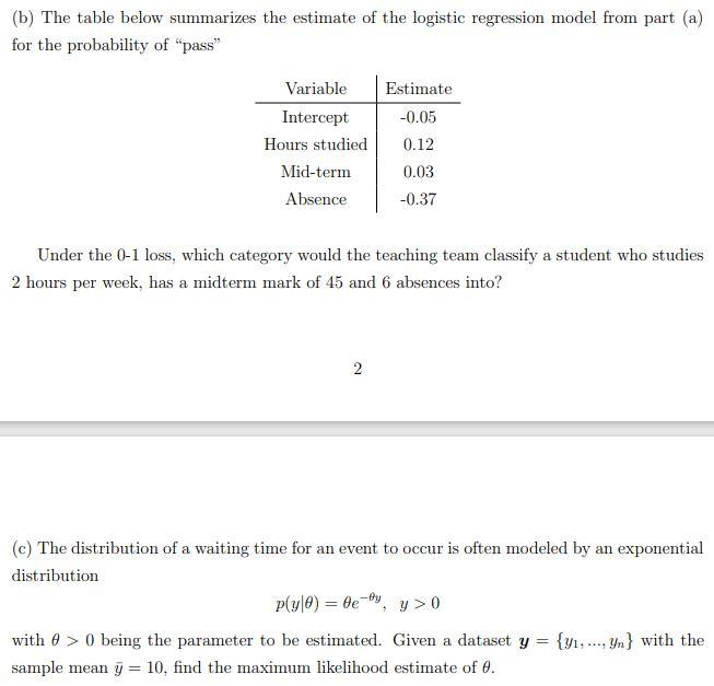 Solved (b) The Table Below Summarizes The Estimate Of The | Chegg.com