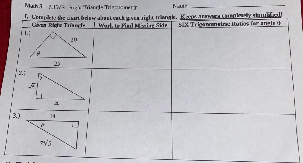 right triangle trigonometry chart