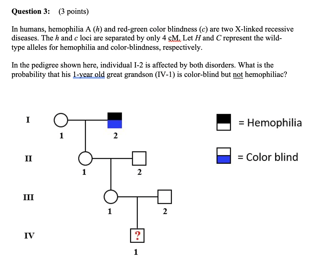 In humans, hemophilia \( \mathrm{A}(h) \) and red-green color blindness \( (c) \) are two \( \mathrm{X} \)-linked recessive d