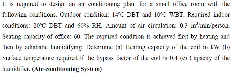 Solved It is required to design an air conditioning plant | Chegg.com