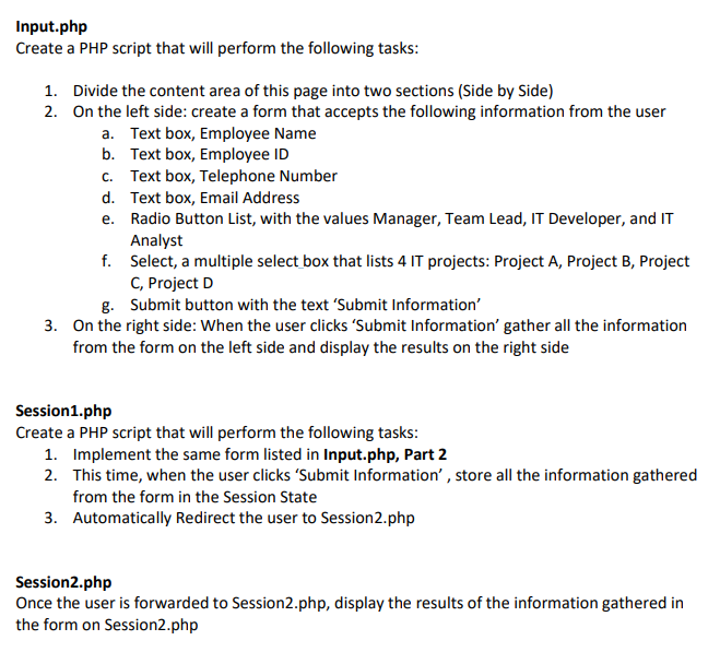 Solved Input.php Create a PHP script that will perform the | Chegg.com