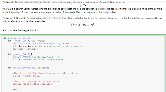 Problem 9: Complete the create_portfolio method below | Chegg.com