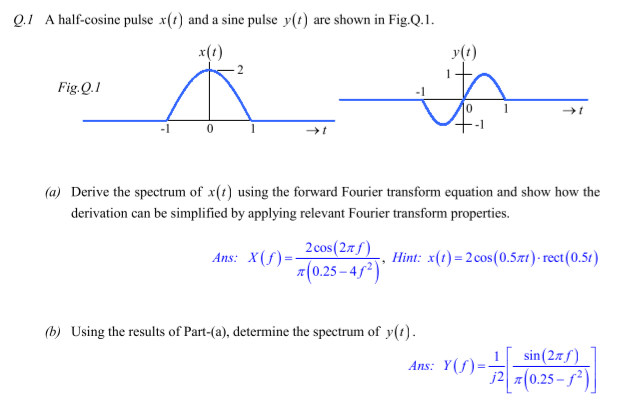 Solved Q.1 A half-cosine pulse x(+) and a sine pulse y(t) | Chegg.com