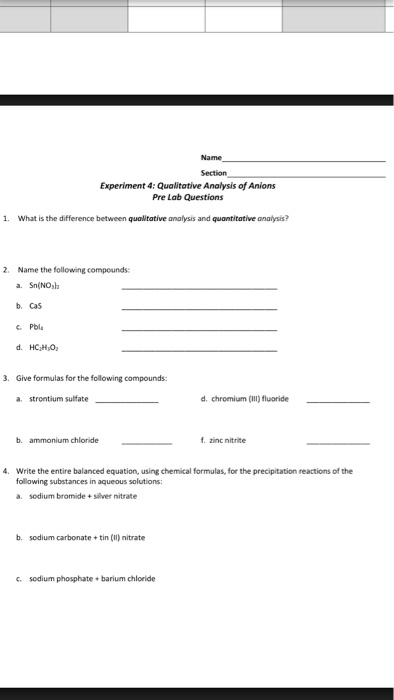 Solved Name Section Experiment 4: Qualitative Analysis of | Chegg.com