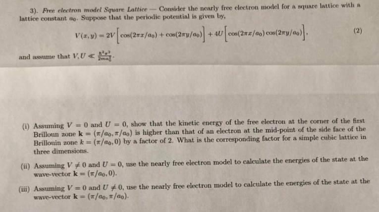 Solved 3). Free electron model Square Lattice Consider the | Chegg.com