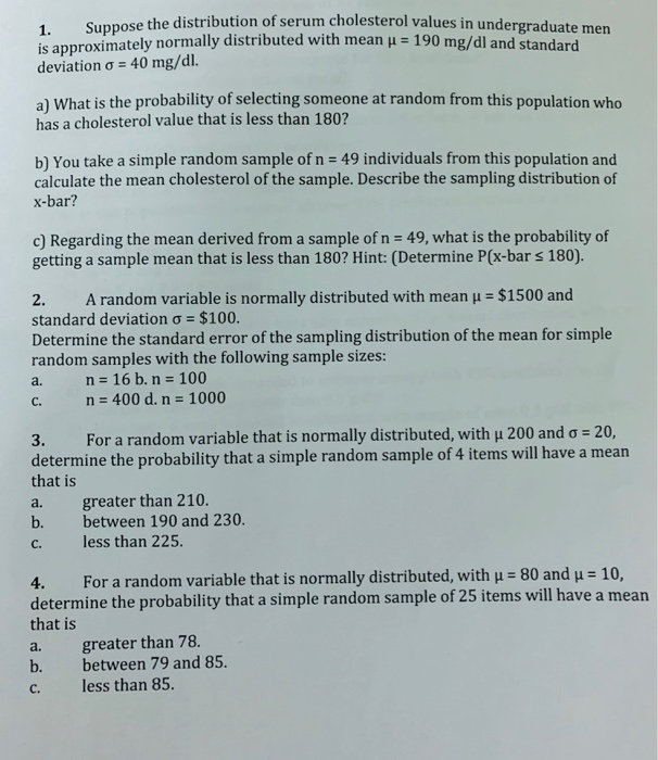 Solved 1. Suppose the distribution of serum cholesterol | Chegg.com