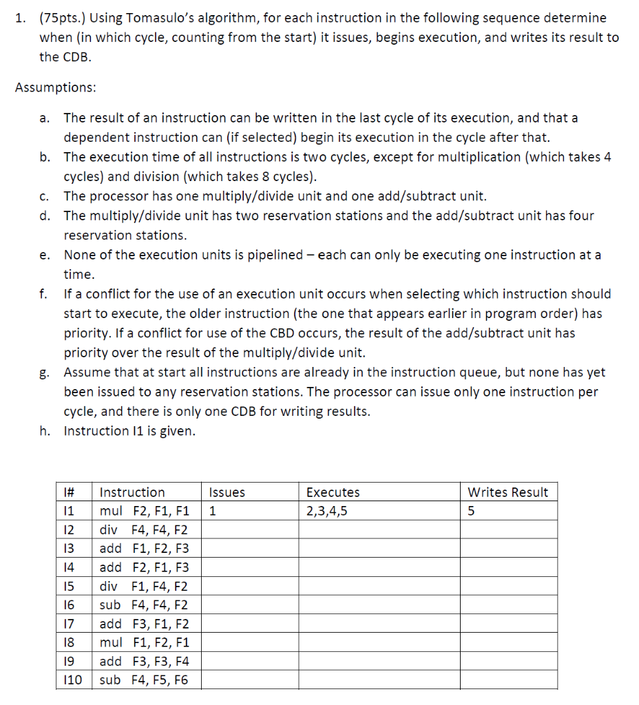 Solved 1. (75pts.) Using Tomasulo's algorithm, for each | Chegg.com
