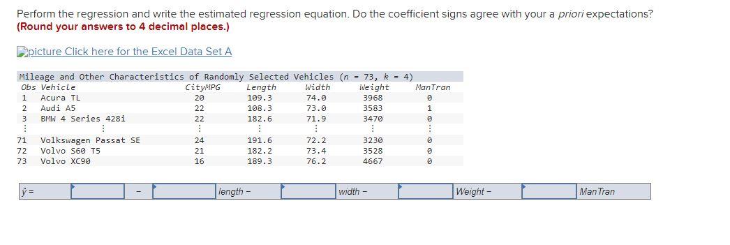 Perform the regression and write the estimated regression equation. Do the coefficient signs agree with your a priori expecta