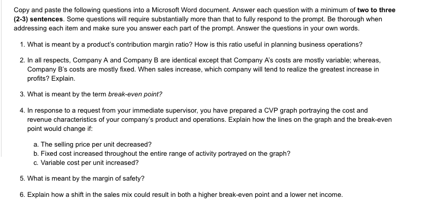 Solved Copy And Paste The Following Questions Into A 