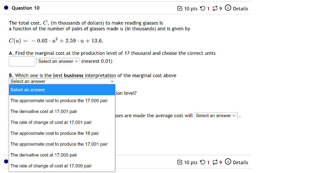 Solved Question 10 10 pts 19 Details The total cost, C, (in | Chegg.com
