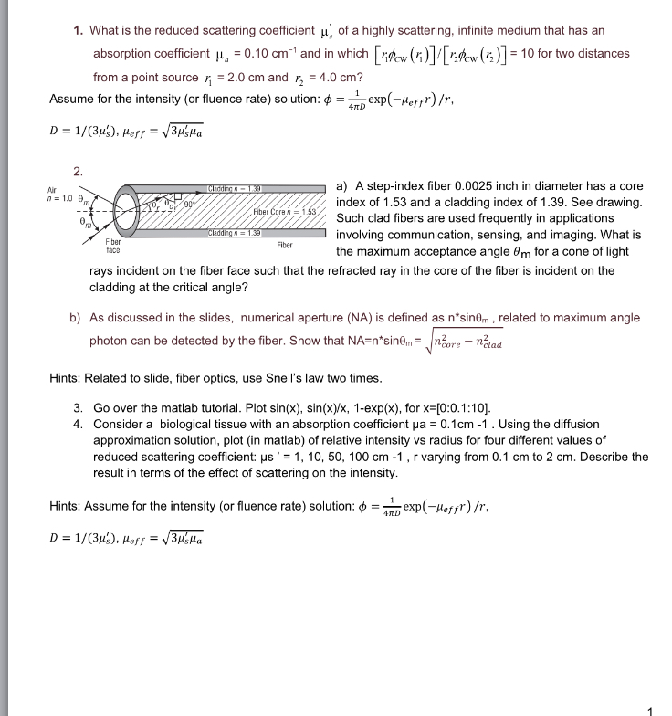 1. What is the reduced scattering coefficient u of a | Chegg.com