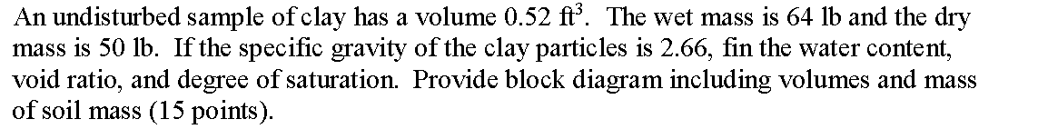 Solved An undisturbed sample of clay has a volume 0.52 ft. | Chegg.com