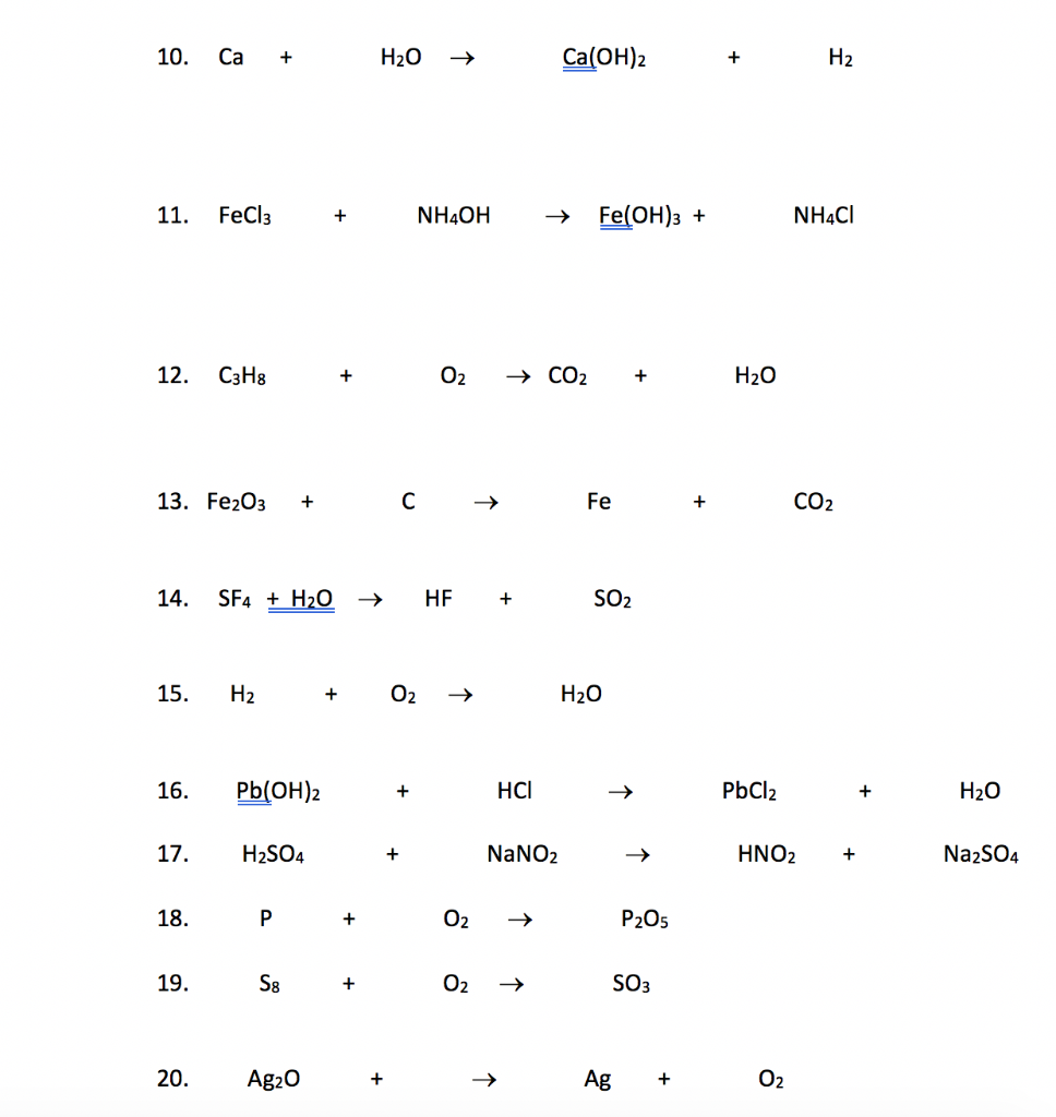 Solved 10. Ca + H20 Ca(OH)2 + H2 11. FeCl3 + NH4OH Fe(OH)3 + | Chegg.com