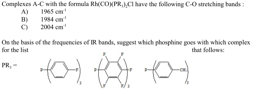 Solved Complexes A-C with the formula Rh(CO)(PR,) Cl have | Chegg.com